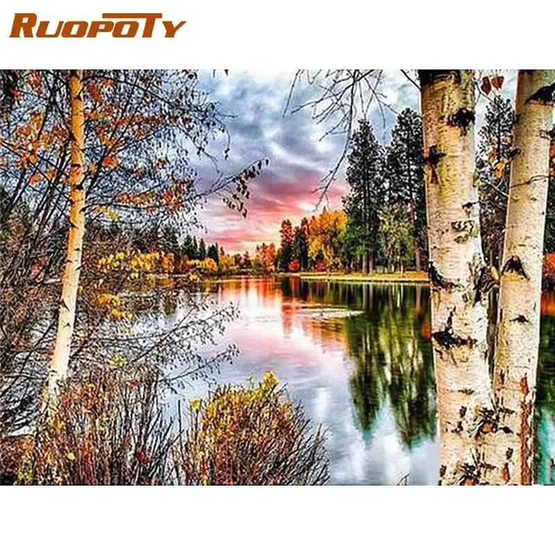 

RUOPOTY Acrylic Forest Lake Painting By Numbers For Adults With Frame 60x75cm Modern Wall Art Coloring By Numbers For Diy Gift