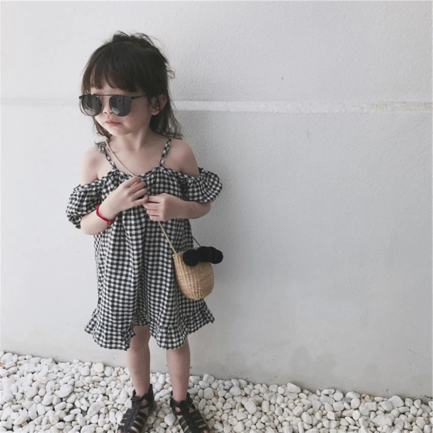 

Summer New Plaid Girls Dress Shoulderless Fashion Mini Kids Dresses Straped Srtaight Loose Princess Children Clothes For 1-7T