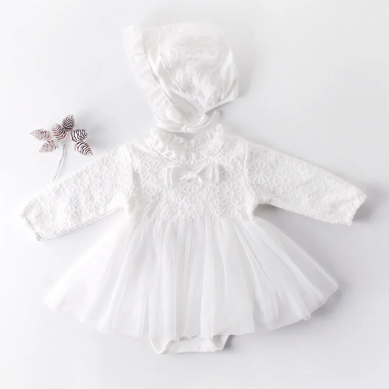 

Spring Autumn 0-2Yrs Infant Baby Girls Rompers Baby Clothes Long Sleeve White Lace Rompers + Cap Baby Girls Rompers