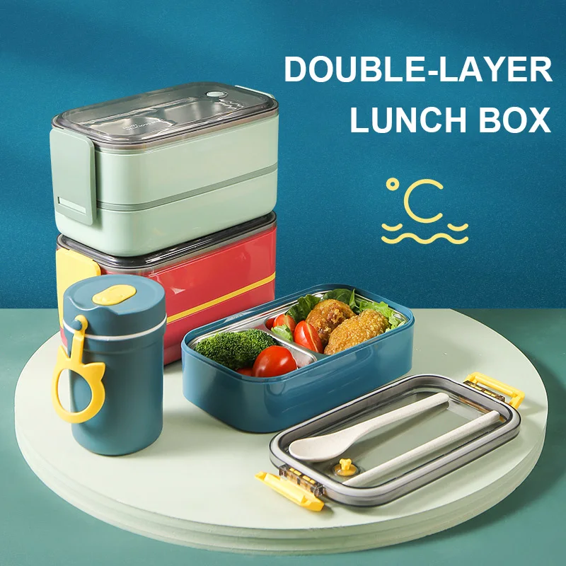 

Double-layer lunch box for kids japanese style stainless steel bento box with soup cup plastic food storage containers snack box