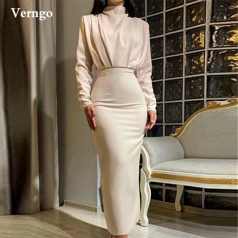 

Verngo Modest Saudi Arabric Nude/Light Blue Formal Prom Dresses Long Sleeves Women High Neck Satin Ankle Length Evening Gowns