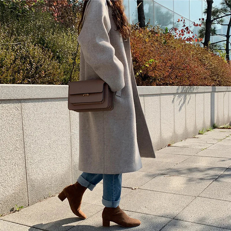 

Aachoae Winter Women 100% Wool Long Coat With Belt Solid Double Breasted Chic Overcoat Long Sleeve Casual Woolen Coats 2020