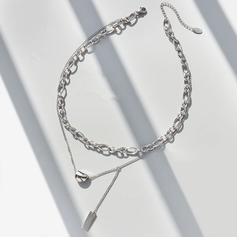

TOSOKO Stainless Steel Jewelry Sweater Chain Golden Beans Double Layered Necklace Square Brand Clavicle Chain BSP864