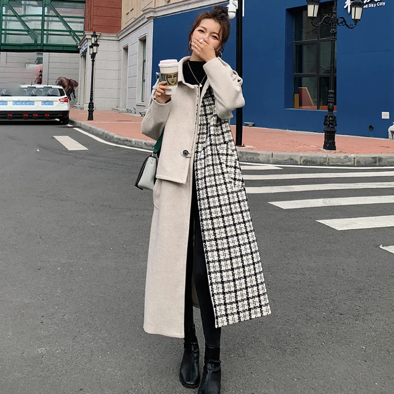 

Winter Woolen Jacket Plaid Hit Color Fashion Long Loose Thickened Cashmere Ladies Cape Stitching High-quality Women Coat Female