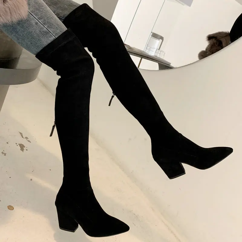 

Женские офисные Сапоги выше колена, элегантные длинные сапоги с острым носком на высоком каблуке, зима 2021