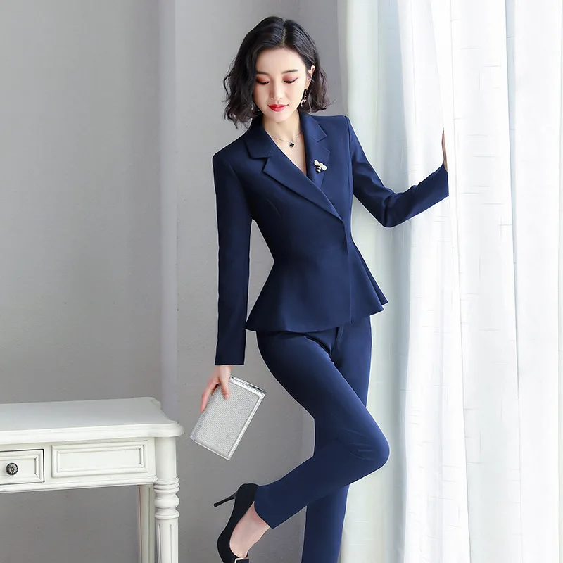 IZICFLY Spring Autumn New Fashion Uniforms Business Suits with Trousers Slim Office Blazer Women Work Wear 2 Piece Set Blue