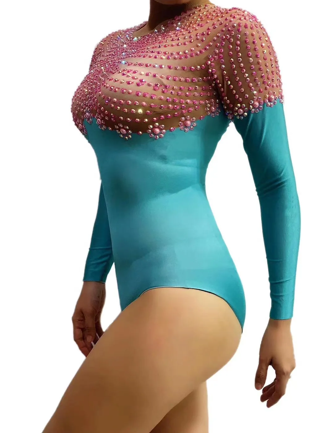 Блестящие розовые стразы Зеленые Боди с длинным рукавом для вечерние