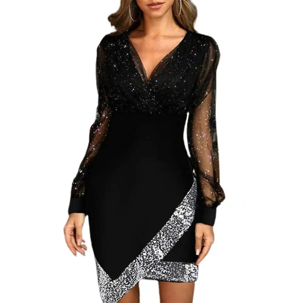 

Mini Dress Solid Color Ladies Sequins Sexy See Through Dress Women Dress for Wedding
