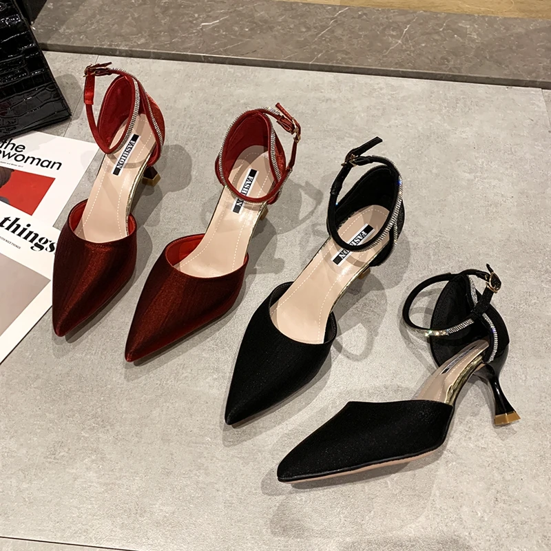 

ELLALEE High Heels Pump Pointed Shoes Thin Heel Buckle Strap Silk Women Shoe Bling Party Ladies Ankle Strap Slip-on Pumps