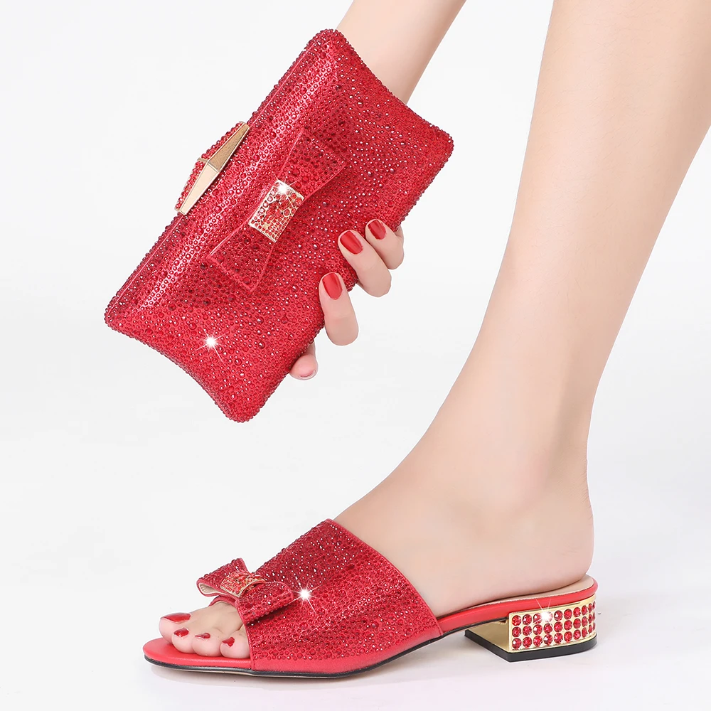 

2021 new African Nigeria flat shoes crystal rhinestone wedding ladies shoes and portable straddle dinner bag