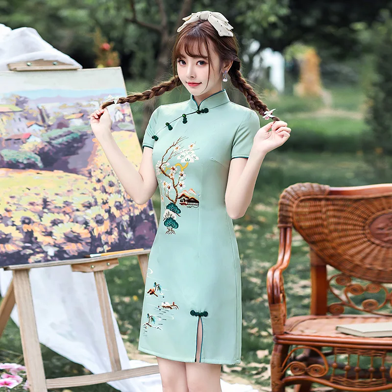 

Summer Plum Printed Satin Mandarin Collar Mini Qipao Traditional Chinese Women Short Sleeve Dress Daily Student Cheongsam