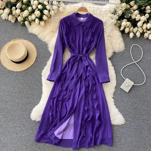 New Arrival Runway Fall Women's Sweet Ruffles Dress Purple Luxury Stitching High Waist Party Dresses With Belt Vestidos