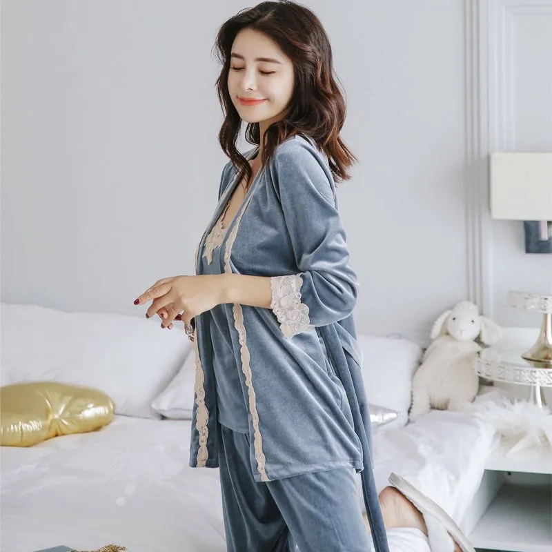 

Women 3PCS Pajamas Suit Gray Velvet Sleepwear Intimate Lingerie Sexy Autumn New Pyjamas Velour Sleep Set Home Clothing
