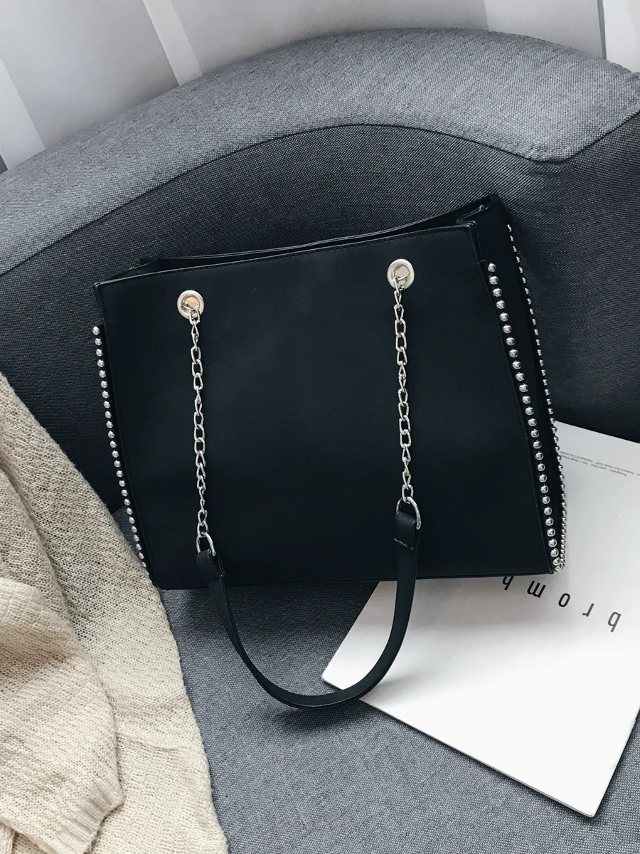 1139 black large Новое поступление, однотонные женские коричневые Ручные Сумки из искусственной кожи, женские черные сумочки на цепочке, Женские повседневные сумки с большими заклепками, женские сумки-тоут - Цвет: 1139 black large
