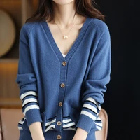 pure wool cardigan jacket v neck loose knit tops fashion color matching wild sweater spring and autumn hot sale womens clothing
