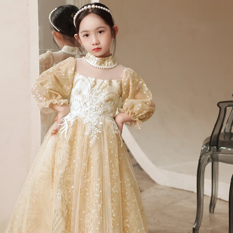

Girls Retro Princess Dress Party Gown Wedding Dress Luxury Vintage Girl Champagne A-line Dresses