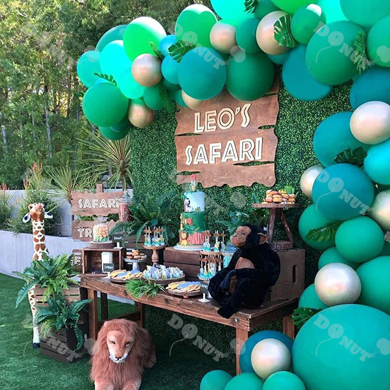 

102pcs Jungle Wildlife Park theme balloon wreath set birthday party decorated with green balloons gold party decorations mickey