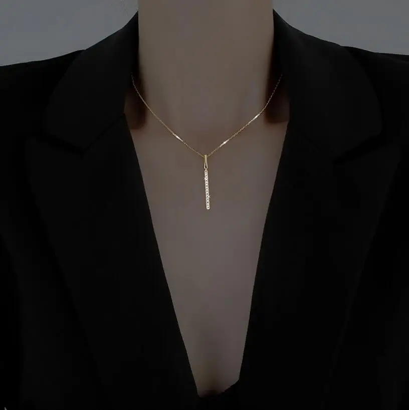 

925 Sterling Silver Long Strip Necklace for Women CZ Clavicle Chain Choker Kolye Colar de Prata Fine Jewelry Gifts S-N739