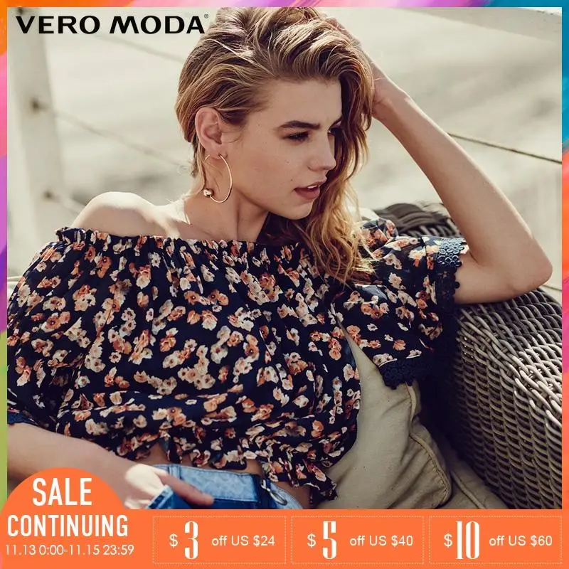 Vero Moda 2019 весна лето новый цветочный принт расклешенные рукава с вырезом лодочкой
