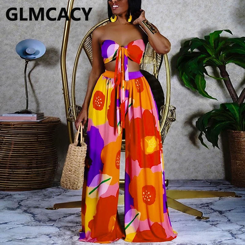 

Women Two Piece Abstract Suits Sets Halter Top & Wide Leg Printed Bodycon Jumpsuits