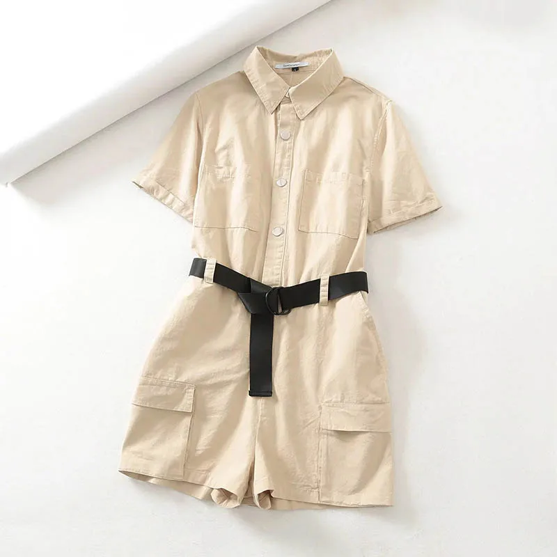 

2019 summer new hot-selling jumpsuit female European and American ins front buckle belt tooling shorts