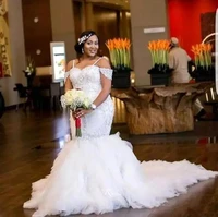 plus size mermaid wedding dress ruffles skirt spaghetti bridal gown noiva crystal beaded custom made tiered african bride