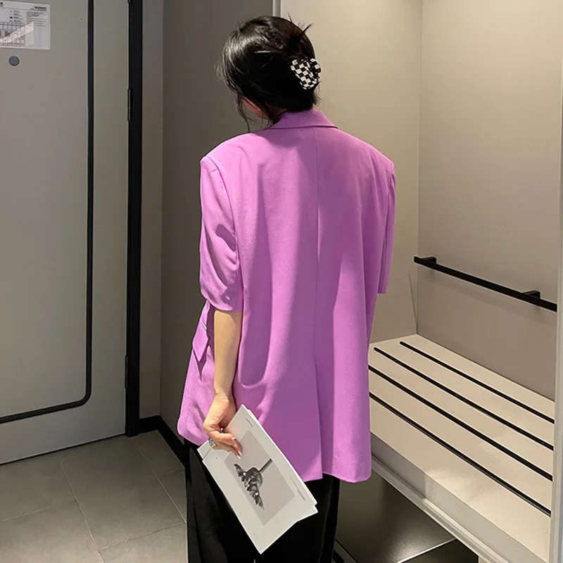 

[EAM] Women Purple Contrast Color Big Size Blazer New Lapel Half Sleeve Loose Fit Jacket Fashion Spring Summer 2021 1DE01221