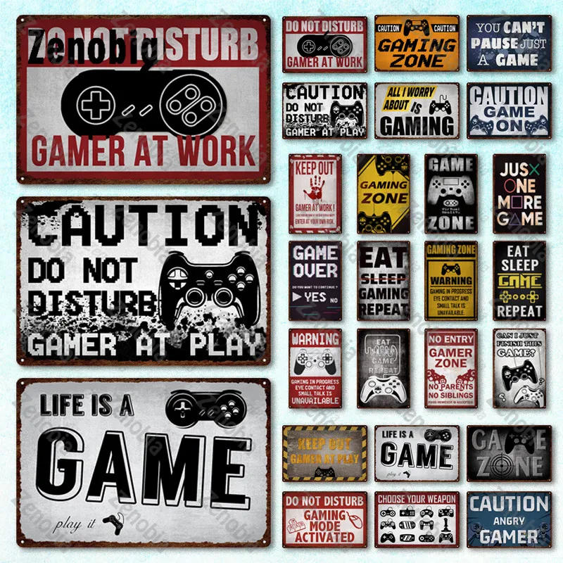 Game Metal Sign Life Is A Game Metal Poster Caution Gaming Zone Vintage Tin Sign Plate Game Room Decoration Retro Metal Plaque