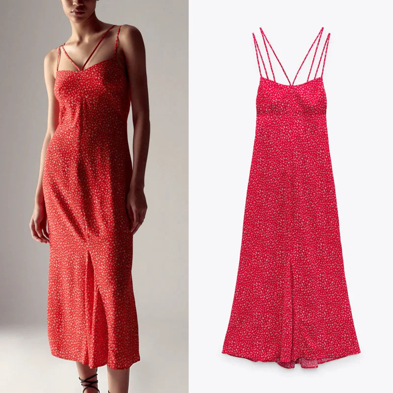 

Женское платье на бретельках-спагетти ZA, Красное длинное платье средней длины с цветочным принтом и V-образным вырезом, открытое сзади Вечер...