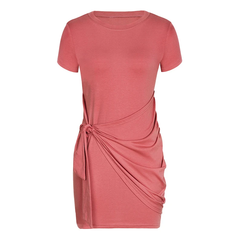 

HI-FASHION Self Tie Draped Short Sleeve O-Neck Dress Solid Cotton Casual Za Summer Outfits Women Sexy Daily Short Sleeve Dress