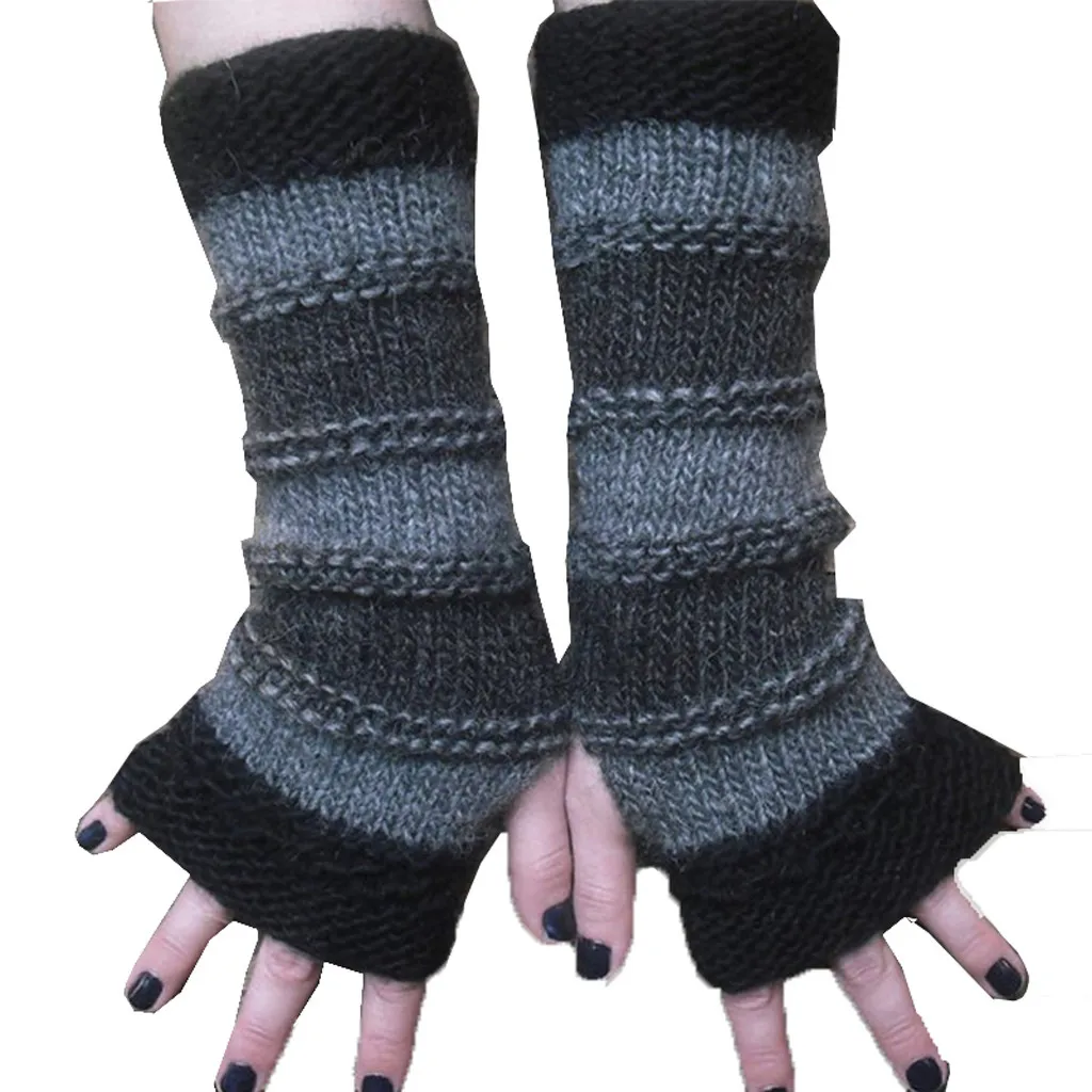 

Autumn Winter Warm Women Ladies Girl Striped Print Knit Fingerless Gloves Arm Warmer Long Fingerless Knitting Wool Mittens