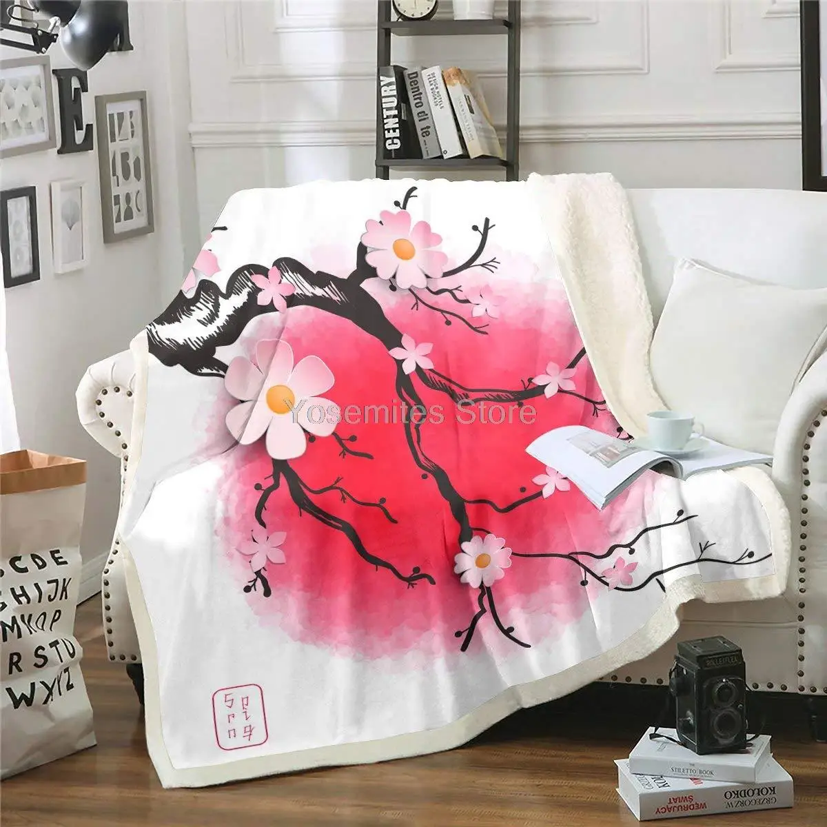 

Erosebridal Cherry Blanket Throw, Cherry Blossom Sherpa Blanket, Floral Branch Tie Dye Fleece Blanket, Ink Painting Japanese Sty