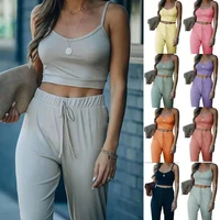 spring and summer 2022 new womens solid color short sling with trousers leisure home two piece sling straight pants suit