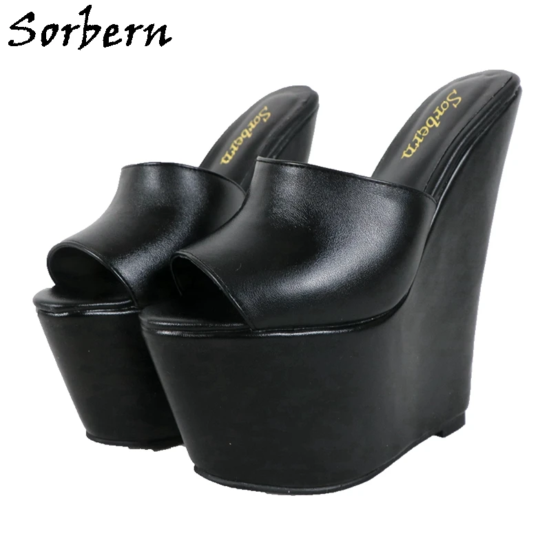 

Sorbern Black Matt Women Wedge Slippers Platform Big Open Toe Sli On Slides Female Summer Style High Heels 17Cm Custom Color