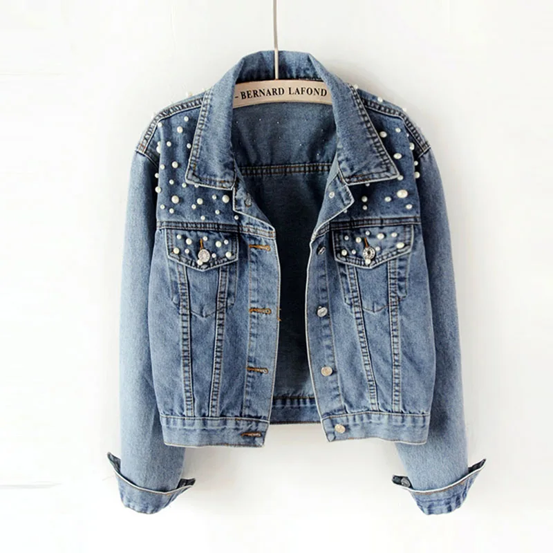 

2022 New Women Denim Jacket Beading All-match pearl Loose Spring Autumn Jean Jacket Female Short Casual Cowboy Overcoat R367