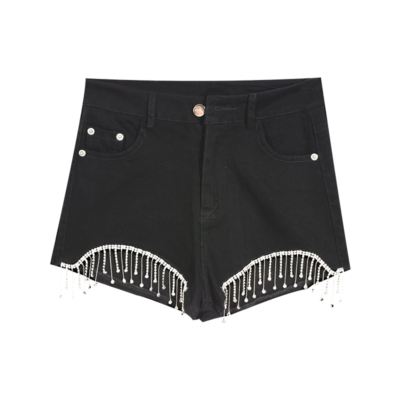 

Beaded Tassel Denim Women Shorts High Waist Solid Club Style Sexy Female Clothing Top Quality
