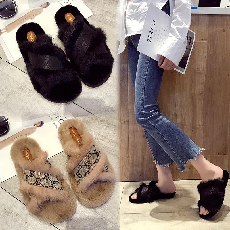 

YeddaMavis Brown Rabbit Hairs Slippers Women Sandals Women Shoes Winter New Korean Wild Flats Word Plush Slippers Woman Shoes