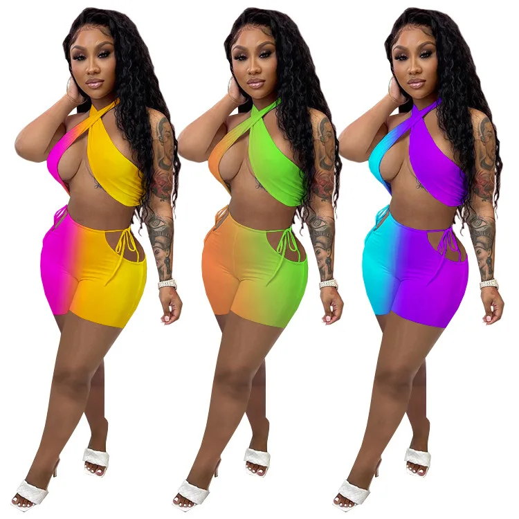

Сексуальный женский комплект из двух предметов с лямкой на шее, Цветные Лоскутные Брюки с вырезами, спортивный костюм, летняя одежда для жен...