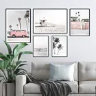 Самоклеящаяся Настенная Наклейка для пляжа, серфинга, пейзажа, плакаты, принты, часы, ярко-розовая Настенная картина для гостиной