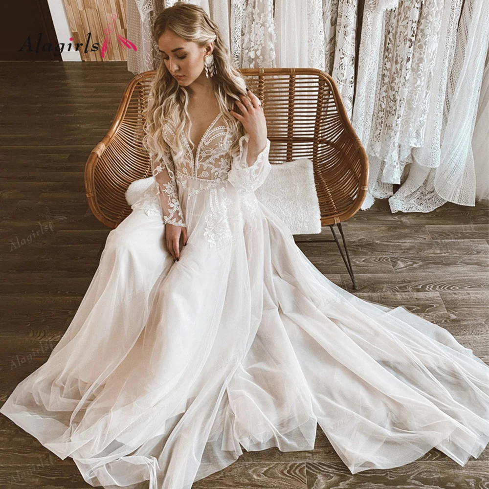 

Alagirls Wedding Dresses 2022 Backless Bridal Gown Boho Bridal Dress A Line Wedding Gown vestidos de novia with Long Sleeves