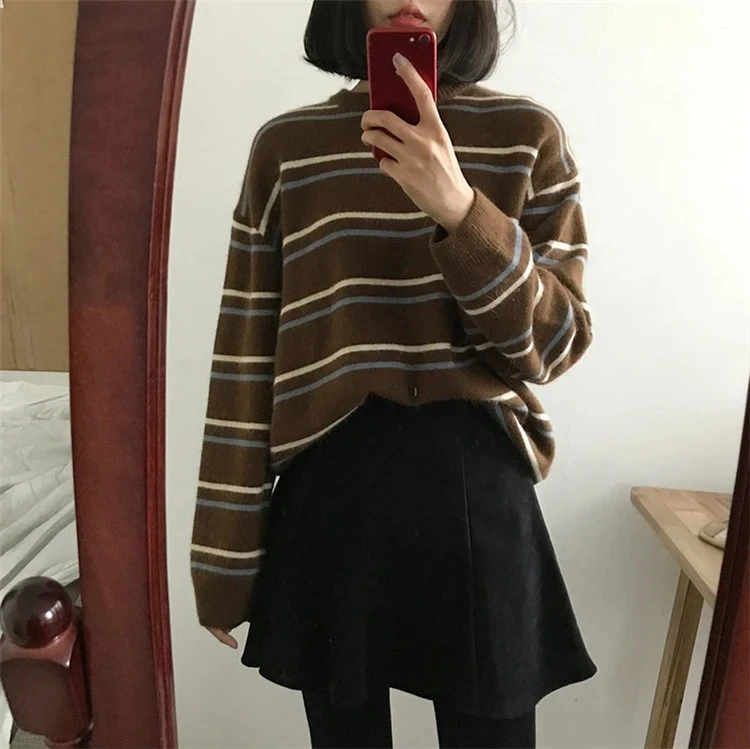 

Newly Stripe Round Collar Long-Sleeves Knitted Loose Fit Tops for Girls Women's Sweater Autumn Casual Jumper Pullover