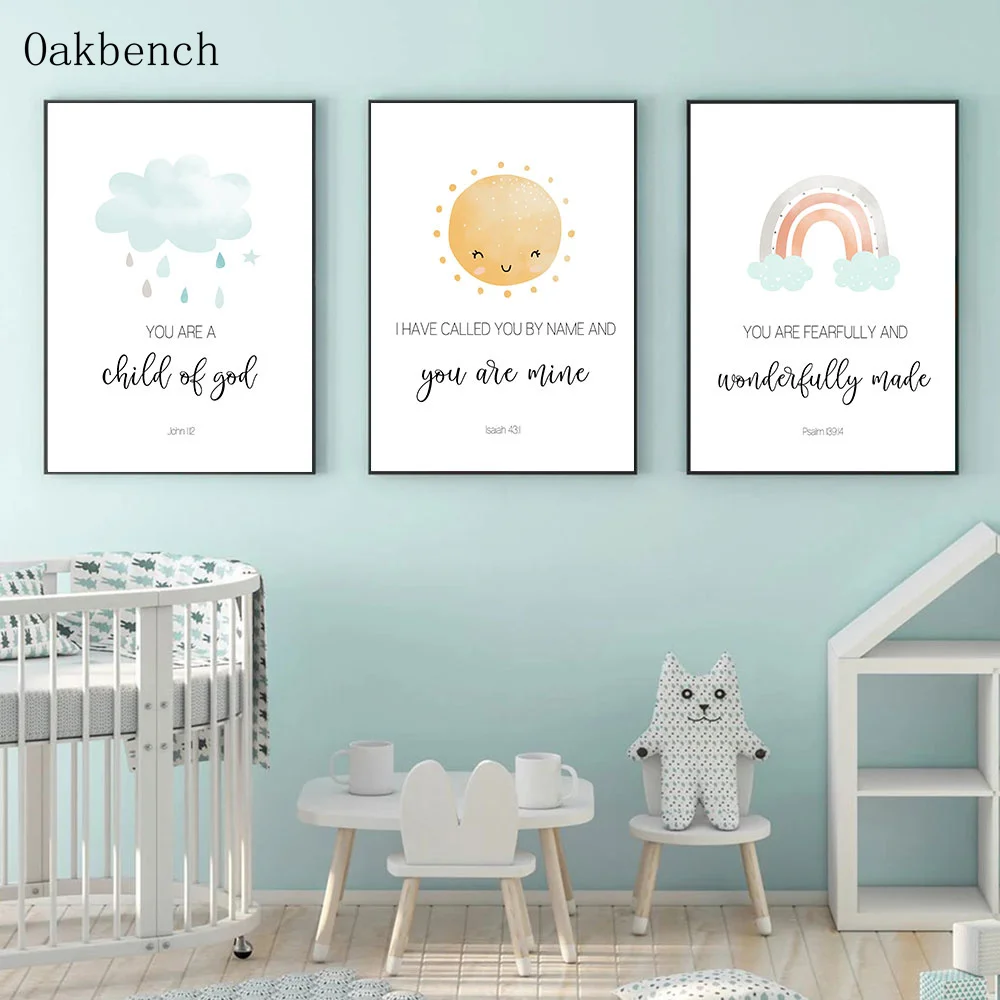 

Allah Canvas Poster Cartoon Sun Rainbow Clouds Posters Islamic Nursery Print Nordic Wall Art Picture For Baby Room Decoration