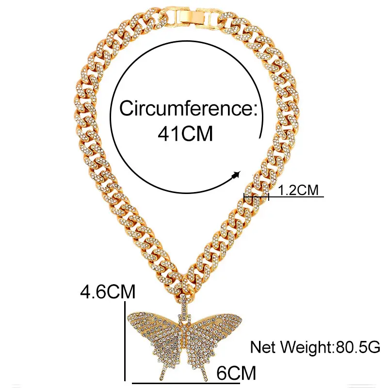 

JUST FEEL Full Crystal Big Butterfly Pendant Necklace Women With Bling Miami Cuban Link Chain Necklace HipHop Rhinestone Jewelry