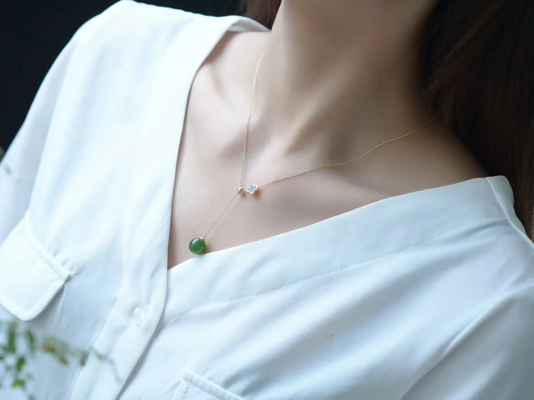 

LETSFUN 18k Real Gold Natural Chinese Green Jade Bead Clavicle Chain Pendant Necklace