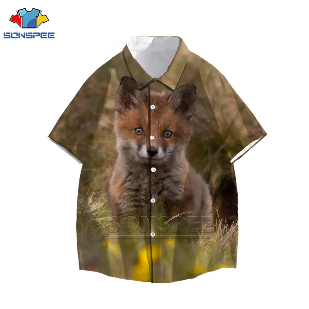 

SONSPEE Fox Animal Summer Shirt New Men Women Shirt Harajuku 3D Print Fashion Green Personality Long Sleeve Cute Top Neck Shirt