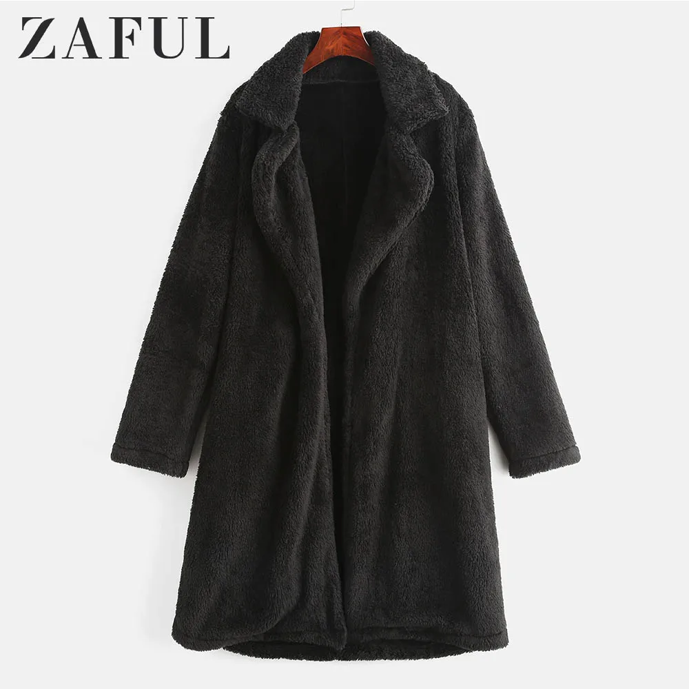 ZAFUL, открытая передняя простая шуба из искусственного меха, женская меховая верхняя одежда с широкой талией, однотонные Длинные куртки с отворотом, толстая зимняя шуба, туника