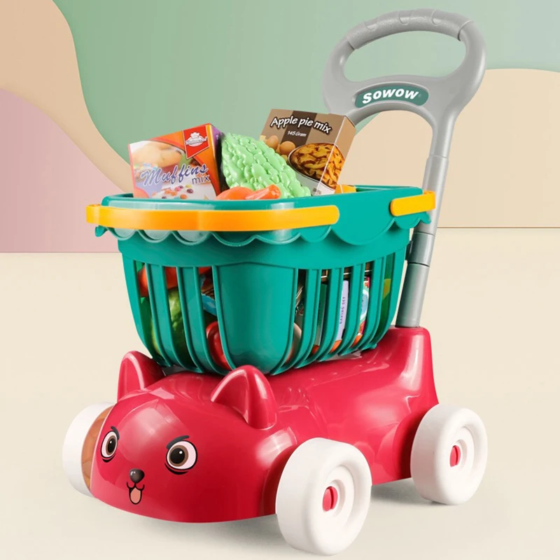 

Детский супермаркет, большая корзина для покупок, 2 в 1, корзина на колесиках, кухонные игрушки, имитация фруктов, товары для продуктов, подви...