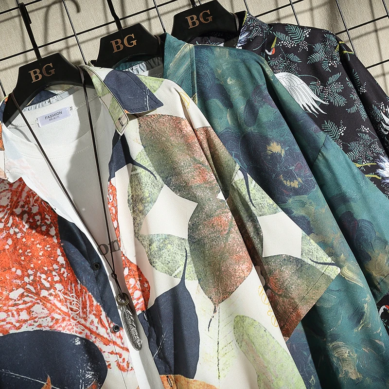 

2020 Summer Spring Clothes Shirt Men Long Sleeves Big Size Print Hawaiian Beach Casual Floral Shirt For Man