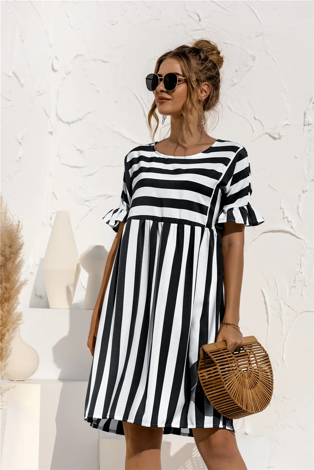 

Summer Ruffles dress women's 2021 new ruffled short-sleeved striped dress female stitching contrast pocket loose dress vestido