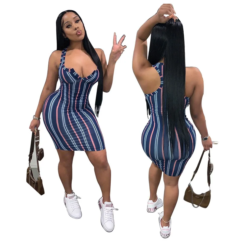 

New Women Simple Striped V-neck Spaghetti Strap Above Knee, Mini Bodycon Dress Summer 2021